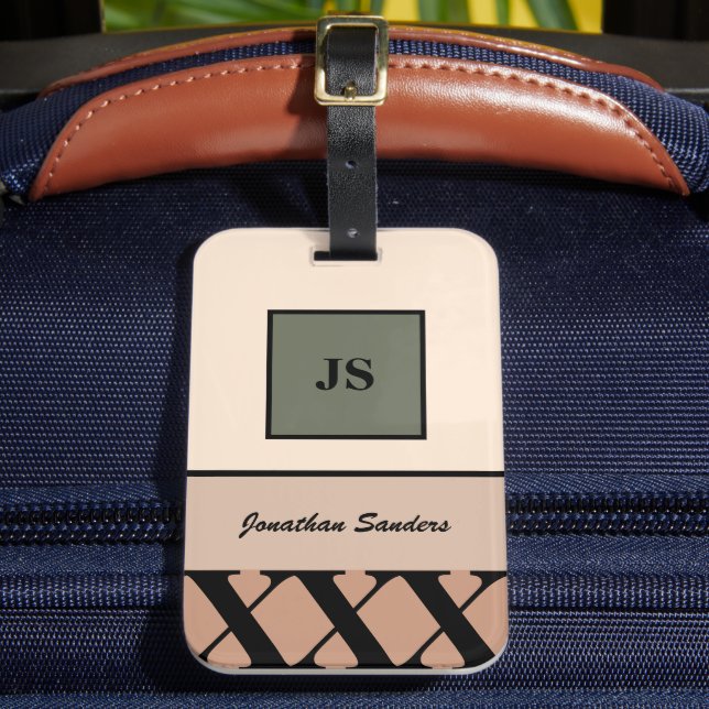 Monogrammed Masculine Neutral-Toned Luggage Tag (Front Insitu 2)