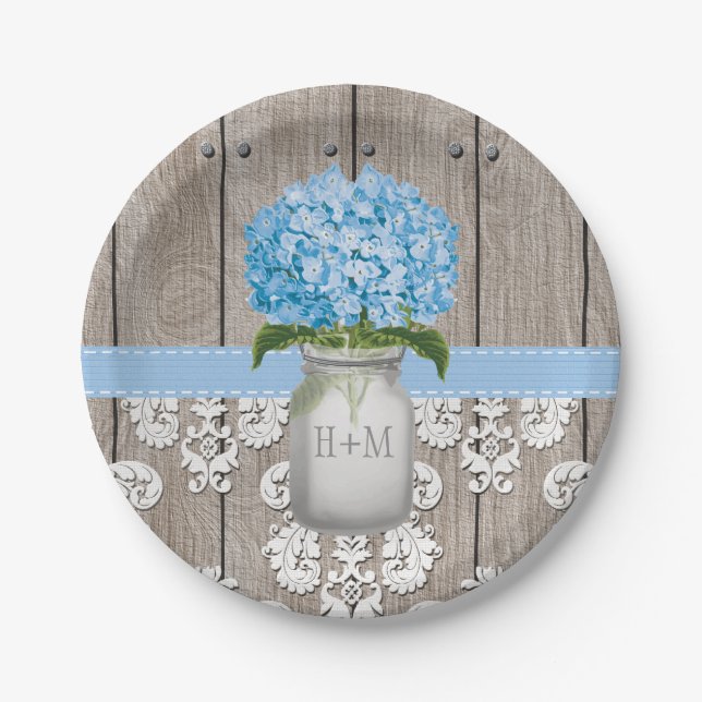 Monogrammed Mason Jar Blue Hydrangea Wedding Paper Plate (Front)