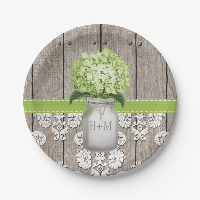 Monogrammed Mason Jar Green Hydrangea Wedding Paper Plate (Front)
