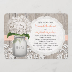 Monogrammed Mason Jar Peach Hydrangea Wedding Invitation