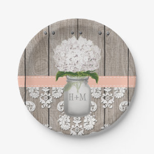 Monogrammed Mason Jar Peach Hydrangea Wedding Paper Plate