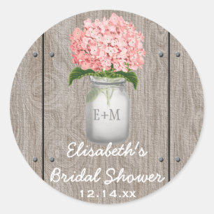 Monogrammed Mason Jar Pink Hydrangea Bridal Shower Classic Round Sticker