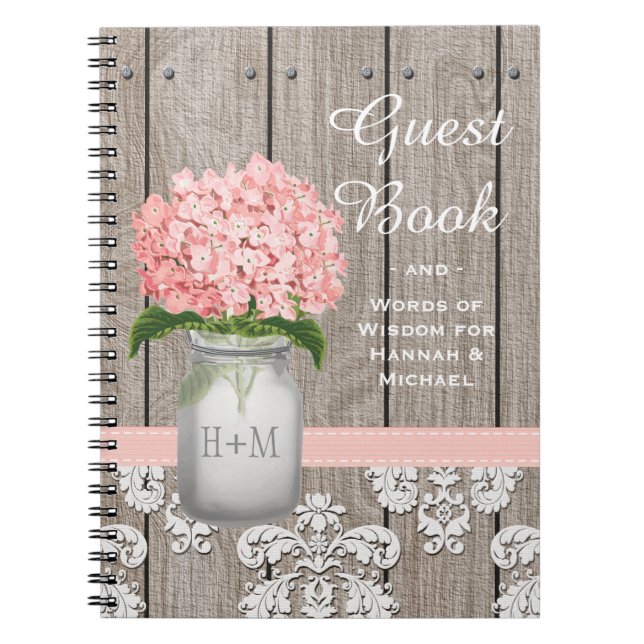 Monogrammed Mason Jar Pink Hydrangea Guest Book (Front)