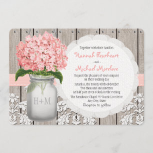 Monogrammed Mason Jar Pink Hydrangea Wedding Invitation