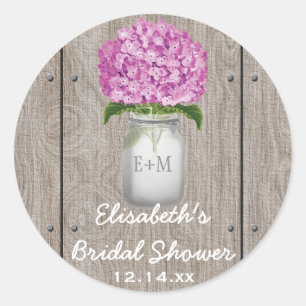 Monogrammed Mason Jar Plum Hydrangea Bridal Shower Classic Round Sticker