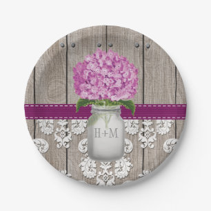 Monogrammed Mason Jar Plum Hydrangea Wedding Paper Plate