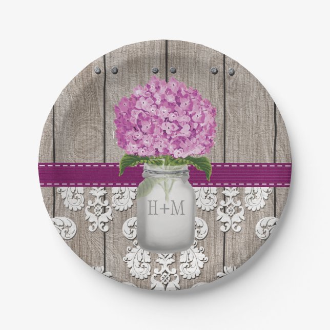 Monogrammed Mason Jar Plum Hydrangea Wedding Paper Plate (Front)