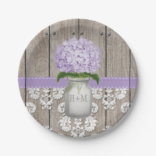 Monogrammed Mason Jar Purple Hydrangea Wedding Paper Plate