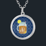 Monogrammed Mason Jar Sweet Tea - Navy Quatrefoil Silver Plated Necklace<br><div class="desc">A gift featuring an illustration of a mason jar of sweet tea and lemon wedges.  Personalize with your monogram.  Background is navy blue quatrefoil pattern.</div>