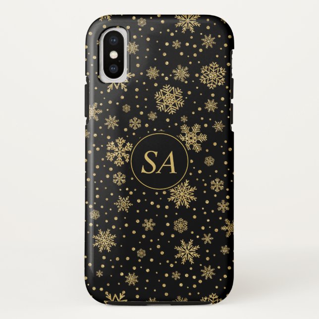 Monogrammed Merry Christmas Golden Snowflakes Case-Mate iPhone Case (Back)