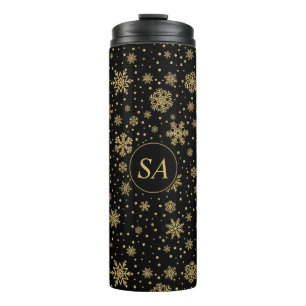 Monogrammed Merry Christmas Golden Snowflakes Thermal Tumbler