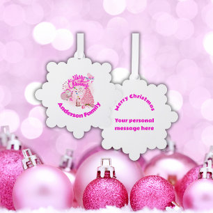 Monogrammed Merry Christmas in Pink   Snowflake  Ornament Card