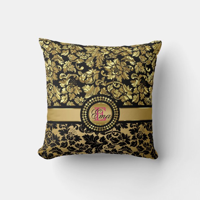 Monogrammed Metallic Gold Damask Throw Pillow (Front)