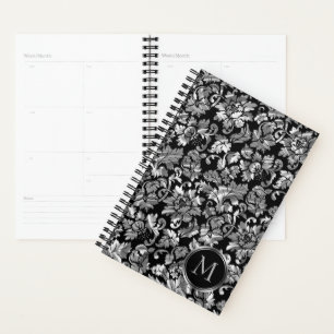 Monogrammed Metallic Silver Damask Pattern Planner