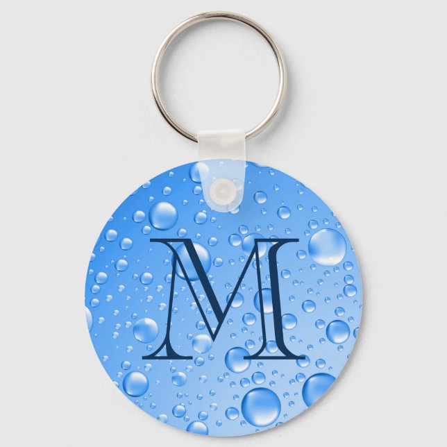 Monogrammed Metallic Sky Blue Rain Drops Keychain (Front)