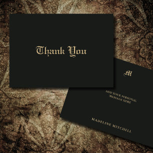 Monogrammed Minimal Elegant Ornate Black Gold Thank You Card
