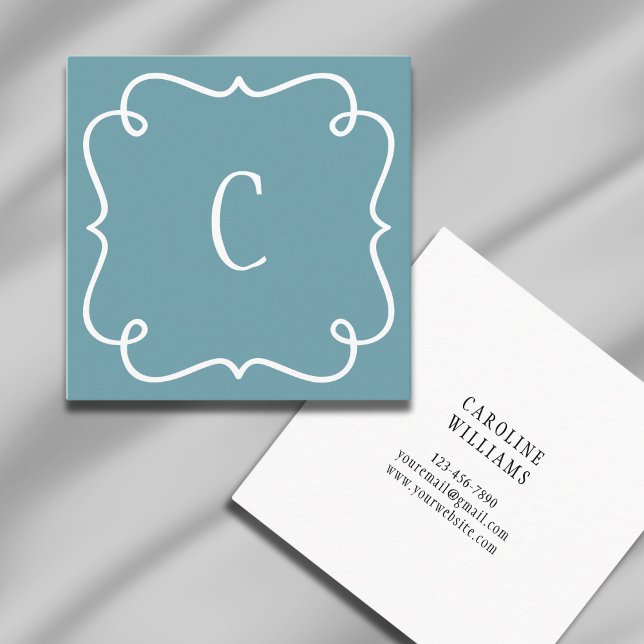 Monogrammed Minimal Trendy Feminine Teal Square Business Card (Creator Uploaded)