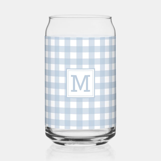 Monogrammed Minimalist Blue Gingham Plaid Pattern Can Glass (Front)