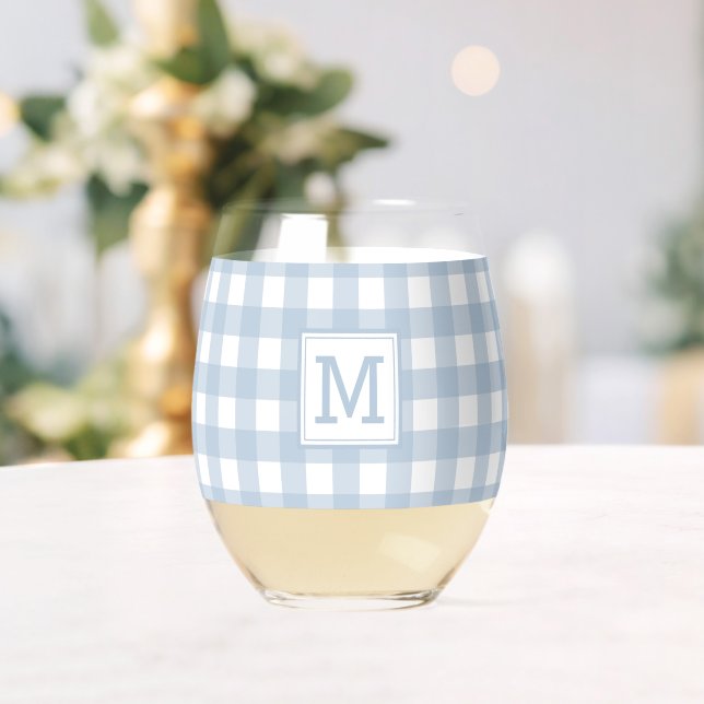 Monogrammed Minimalist Blue Gingham Plaid Pattern Stemless Wine Glass (Insitu (Wedding))