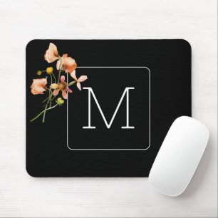 Monogrammed Minimalist Floral black Mouse Pad