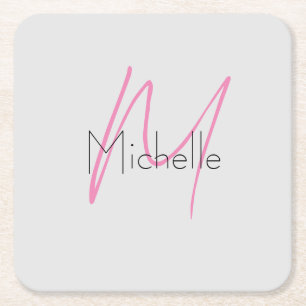 Monogrammed Minimalist Plain Modern Name Square Paper Coaster