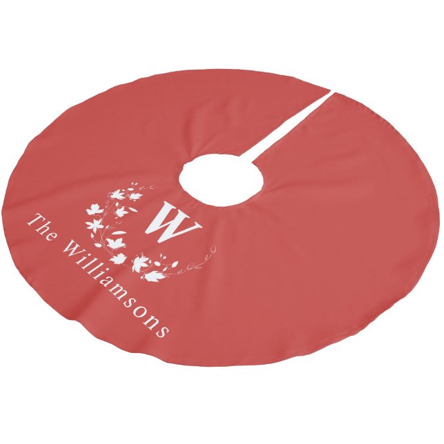 Monogrammed Minimalist Red Floral Wreath Custom Brushed Polyester Tree Skirt (Angled)