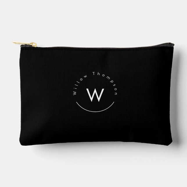 Monogrammed Minimalistic Modern Black Accessory Pouch (Front)