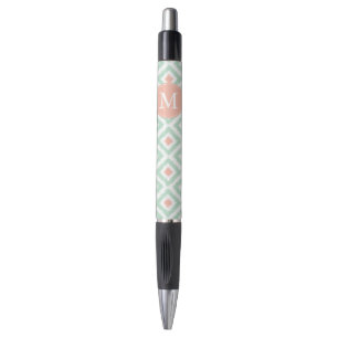 Monogrammed Mint and Coral Diamonds Ikat Pattern Pen