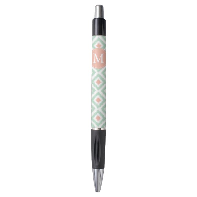 Monogrammed Mint and Coral Diamonds Ikat Pattern Pen (Front Vertical)