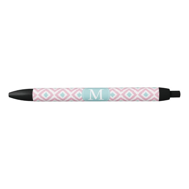 Monogrammed Mint and Pink Diamonds Ikat Pattern Black Ink Pen (Front)