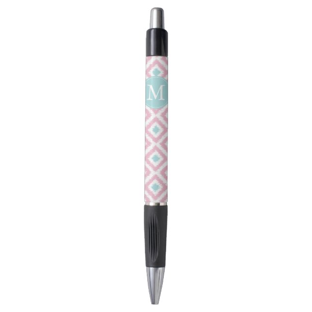Monogrammed Mint and Pink Ikat Pattern Pen (Front Vertical)