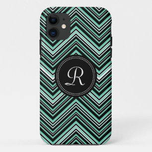 Monogrammed Mint Black Tribal Chevron Pattern iPhone 11 Case
