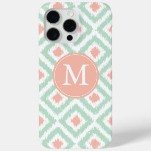 Monogrammed Mint Coral Diamond Ikat Pattern iPhone 15 Pro Max Case