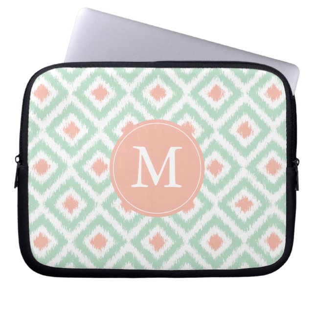 Monogrammed Mint Coral Diamond Ikat Pattern Laptop Sleeve (Front)