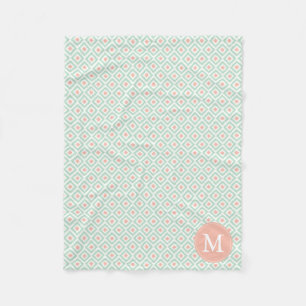 Monogrammed Mint Coral Diamonds Ikat Pattern Fleece Blanket