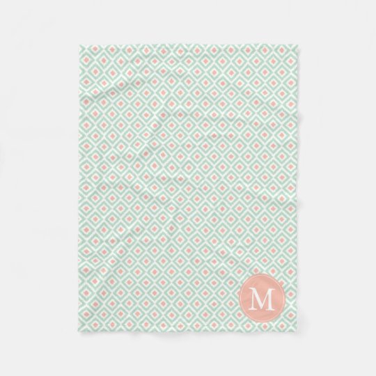 Monogrammed Mint Coral Diamonds Ikat Pattern Fleece Blanket