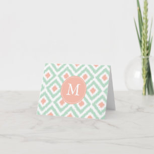 Monogrammed Mint Coral Diamonds Ikat Pattern Note Card