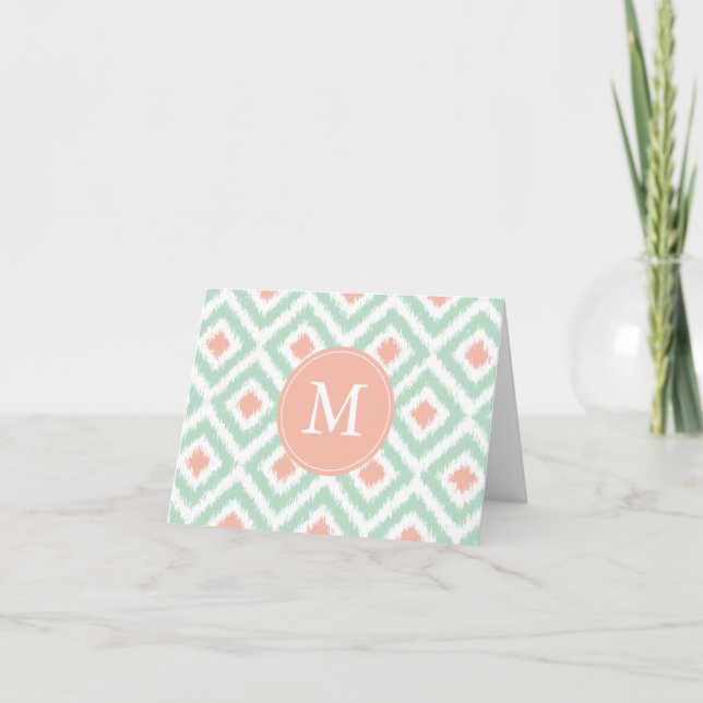 Monogrammed Mint Coral Diamonds Ikat Pattern Note Card (Front)