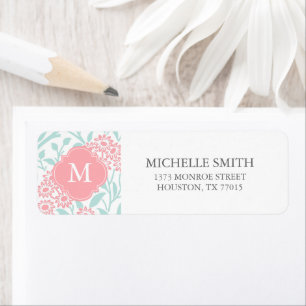 Monogrammed Mint Coral Floral Damask Pattern