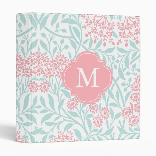 Monogrammed Mint Coral Floral Damask Pattern Binder (Front/Spine)