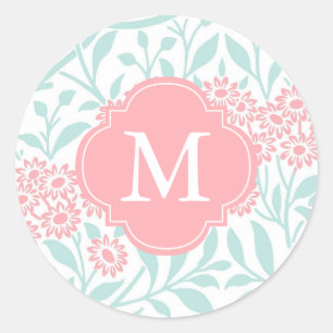 Monogrammed Mint Coral Floral Damask Pattern Classic Round Sticker