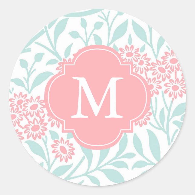 Monogrammed Mint Coral Floral Damask Pattern Classic Round Sticker (Front)
