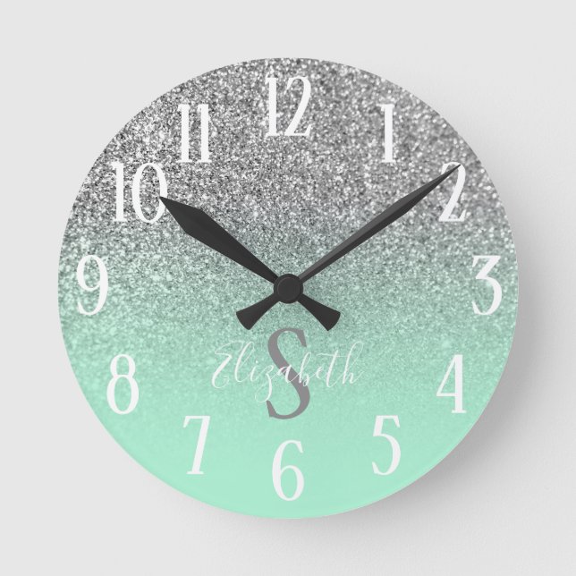 Monogrammed Mint Green and Silver Glitter Ombre Round Clock (Front)