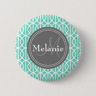 Monogrammed Mint Grey Moroccan Ogee Pattern 2 Inch Round Button