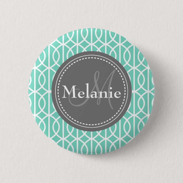 Monogrammed Mint Grey Moroccan Ogee Pattern 2 Inch Round Button (Front)