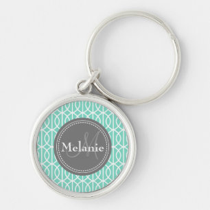 Monogrammed Mint Grey Moroccan Ogee Pattern Keychain