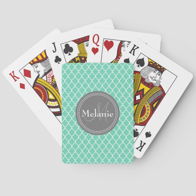 Monogrammed Mint White Moroccan Lattice Pattern Playing Cards (Back)