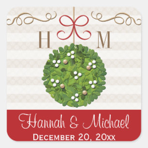 Monogrammed Mistletoe Kissing Ball Square Sticker