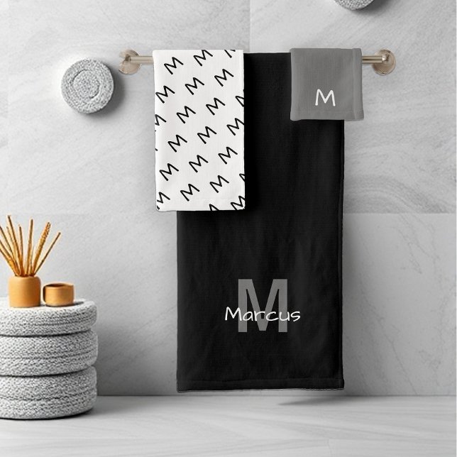 Monogrammed Modern Black Chic Bath Towel Set (Creator Uploaded)