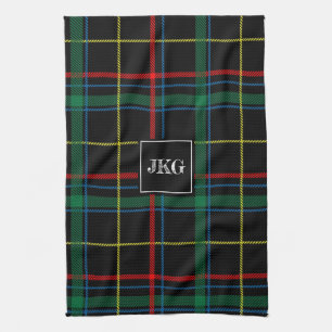 Monogrammed Modern Black Green Plaid Tartan Kitchen Towel
